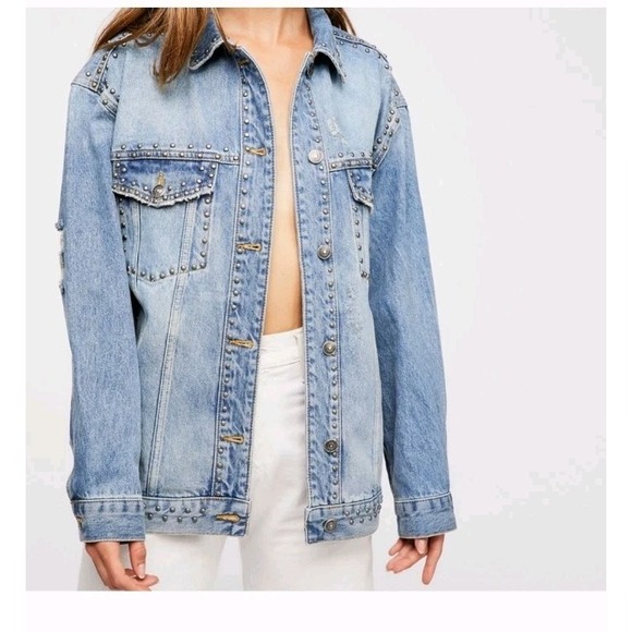 Free People Studded Distressed‎ Ripped Denim Trucker Jacket Boho Western - Picture 4 of 8